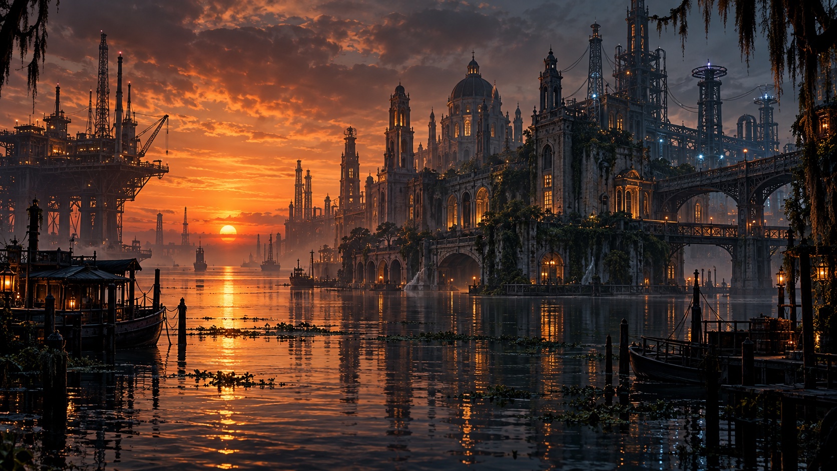 Electric State concept: flooded industrial architecture at dusk