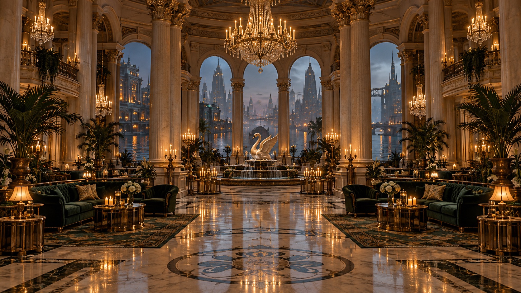 Chandelier-lit Swan Palace lobby concept